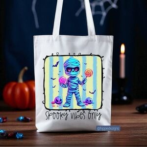 White Canvas Tote Bag with Spooky Mummy Design